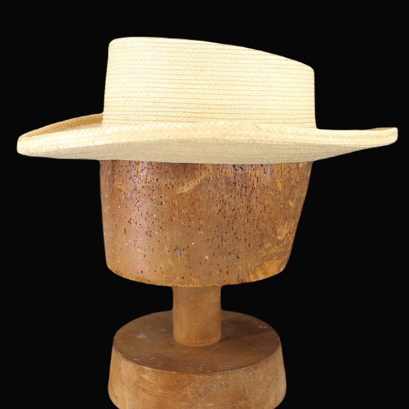 Vintage 1950s 1960s Straw Cowboy Hat Gambler Crown Mid Brim Cream Beige - Picture 3 of 12